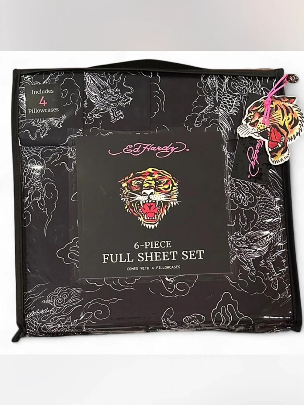 Ed Hardy White Dragon Tattoo Print Full Size 6 Piece Sheet Set New